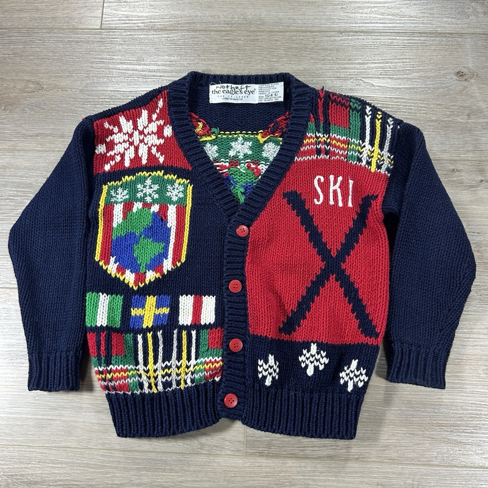 VTG Eagles Eye 1992 Sweater Kids Small (4-5) Handknit World Ski Cardigan**‎